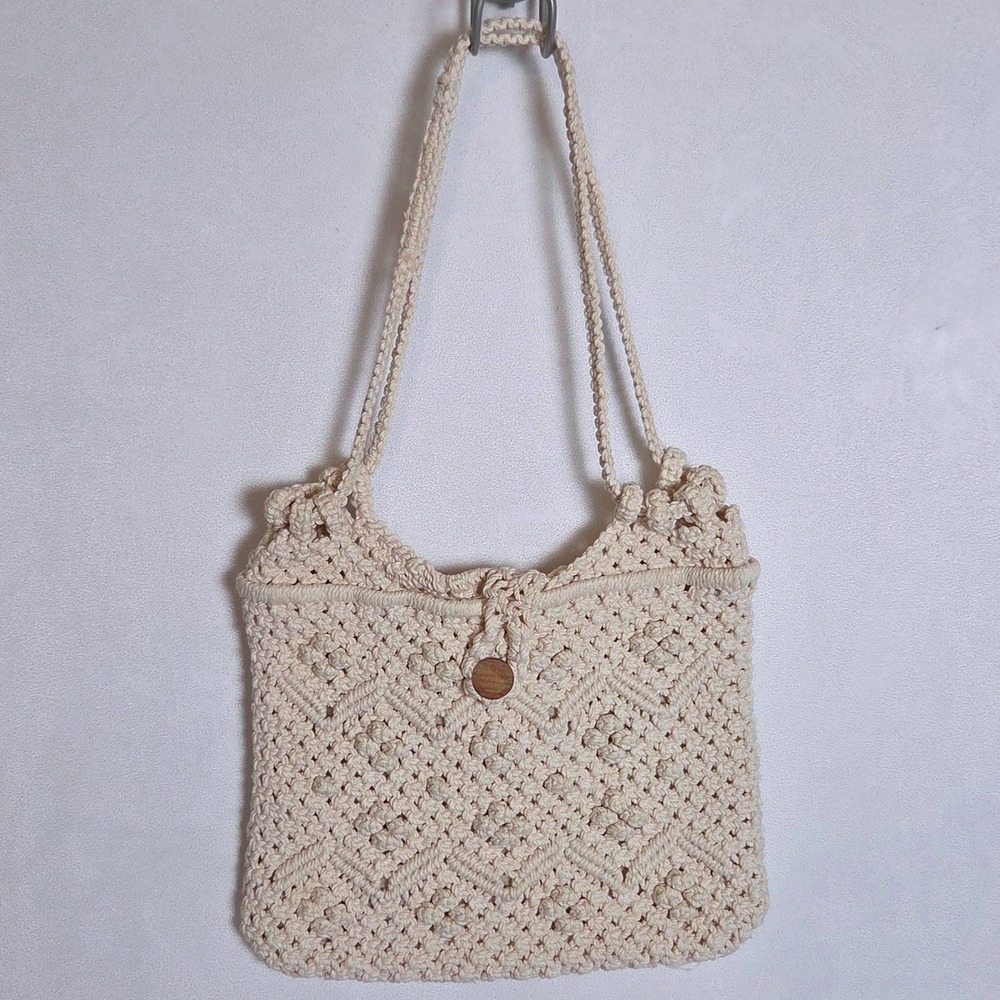 Handmade Macrame Shoulder Bag Cream Woven Knit Purse Wood Button Boho